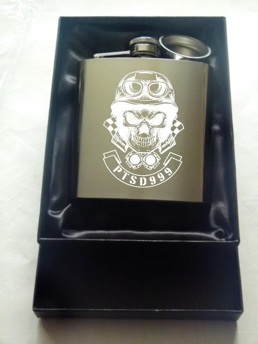 PTSD999 6oz Stainless steel Hip Flask - Skull lgo